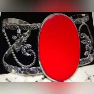 Red Coral Stamped 925 Sterling Silver Cuff Bracelet